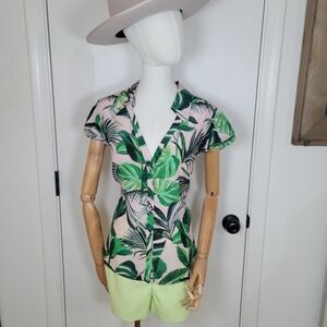 Alice + Olivia Tropical Leaf Print Resortwear Beach Summer Silk Blouse Size XL/L